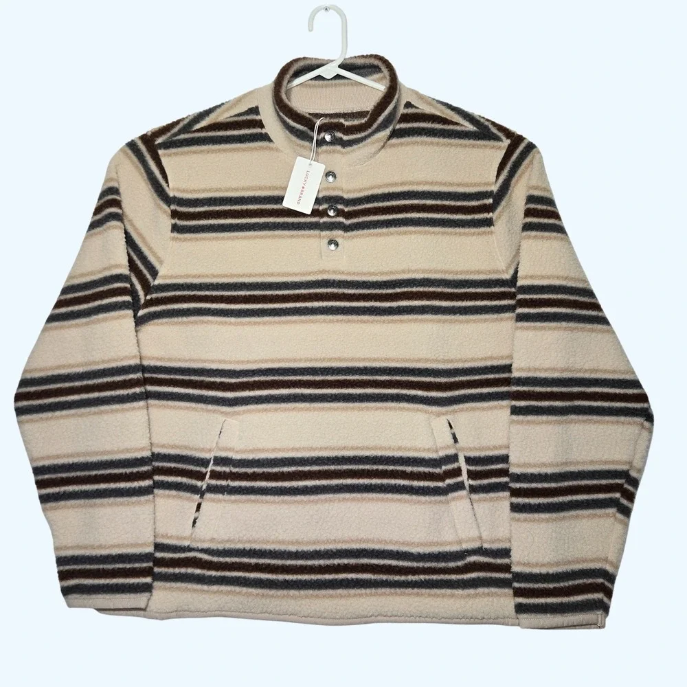 NEW Lucky Brand Striped Fleece Snap Mock Neck Pullover Beige Brown Mens Large